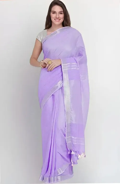 Soft Lavender Cotton Saree with Silver Zari Border